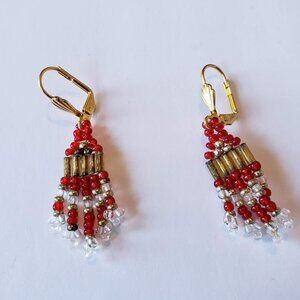 Vintage Fringed Hand Crafted Beaded Red and Gold 3 Inch Clip On Earrings